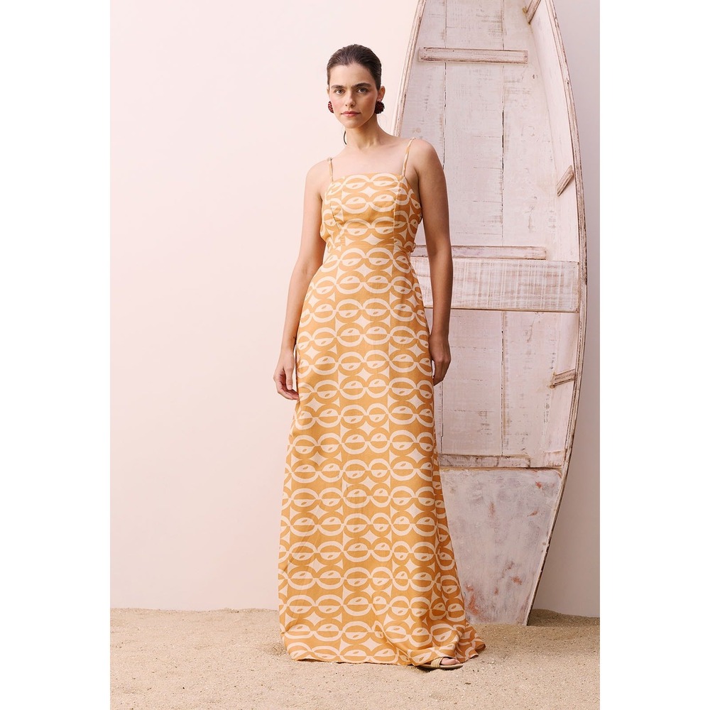 CaCay Women Maxi Dress Mustard Yellow Geometric Print Open Back NWT Size Medium